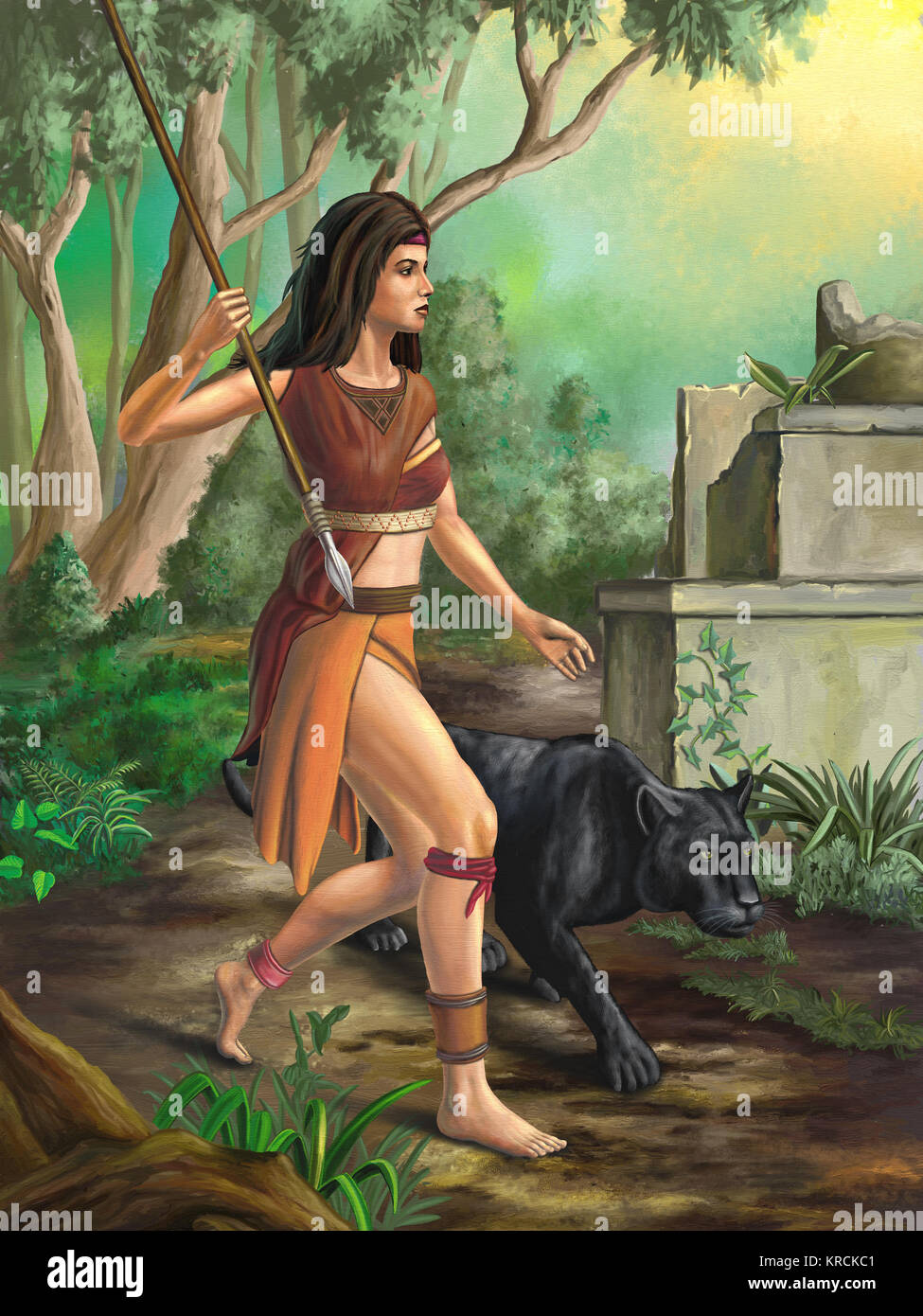 Amazon warrior esplorare una foresta. Illustrazione Digitale. Foto Stock