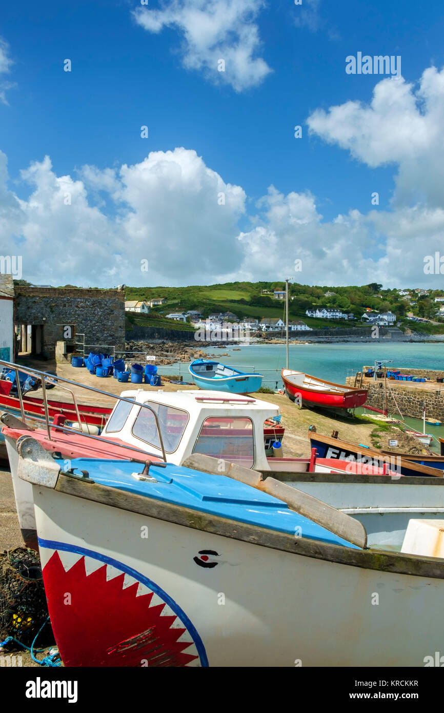 In estate il sole pomeridiano sulla colorata di piccole imbarcazioni intorno al porto del pittoresco villaggio di Coverack in rural Cornwall, Regno Unito Foto Stock