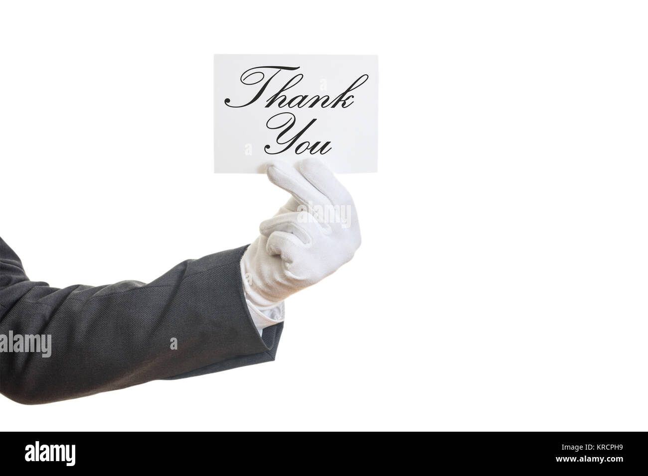 Ringrazio concetto. Cameriere in possesso di un biglietto di ringraziamento, su sfondo bianco Foto Stock