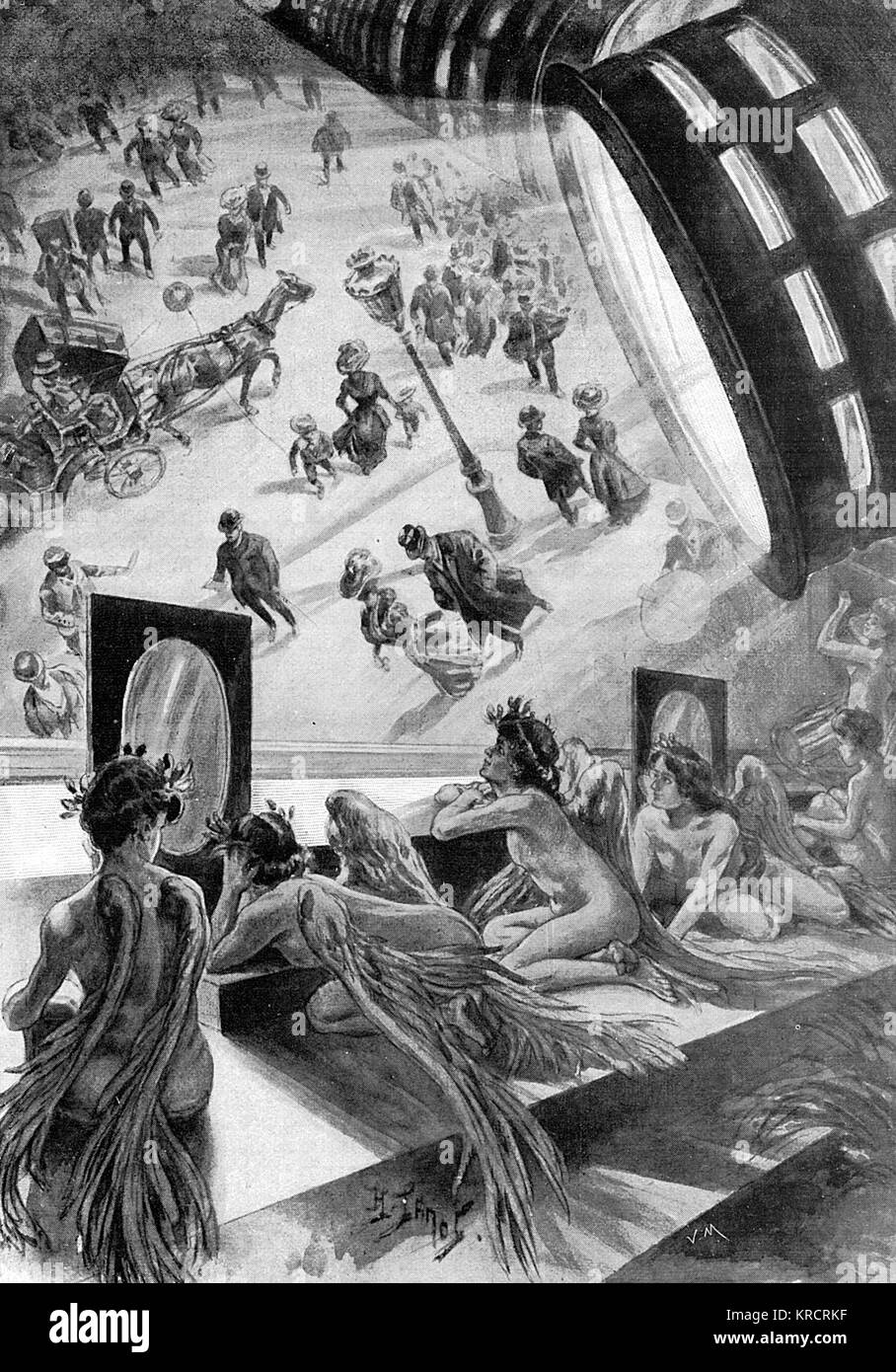 Un gruppo di i marziani guardare le scene della vita sulla terra attraverso il viewfinder speciale. Data: 1906 Foto Stock