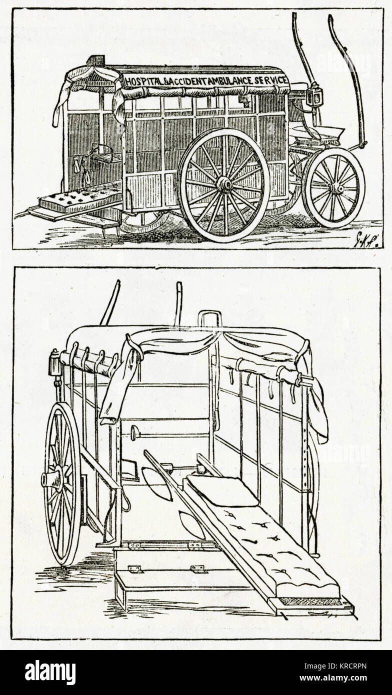 Esterno e interno di un cavallo disegnato a ambulanza utilizzato dall'ospedale assistenza in caso di incidenti a Londra. Data: 1882 Foto Stock