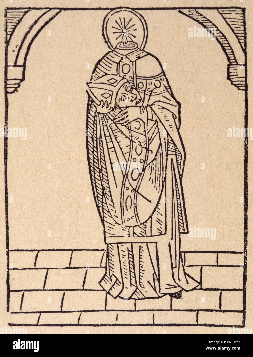 SAINT DENIS primo vescovo di Parigi, martirizzato e sepolto a Saint Denis ; perché la sua testa era stata tagliata, egli è generalmente illustrato che lo trasporta Data: morì circa 258 Foto Stock