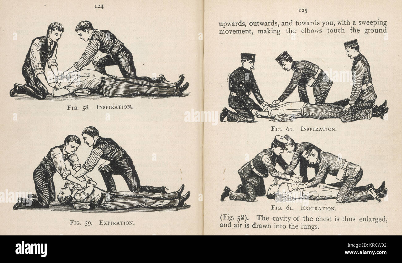 Primo soccorso per la respirazione artificiale -- Dr Silvester il metodo, con due fasi di inspirazione ed espirazione. Data: 1908 Foto Stock