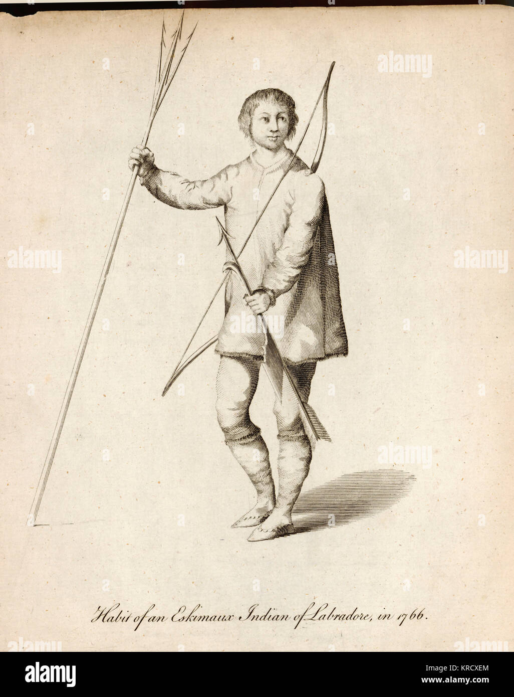 Eschimese nativi indiani del Labrador con armi da caccia. Data: 1766 Foto Stock