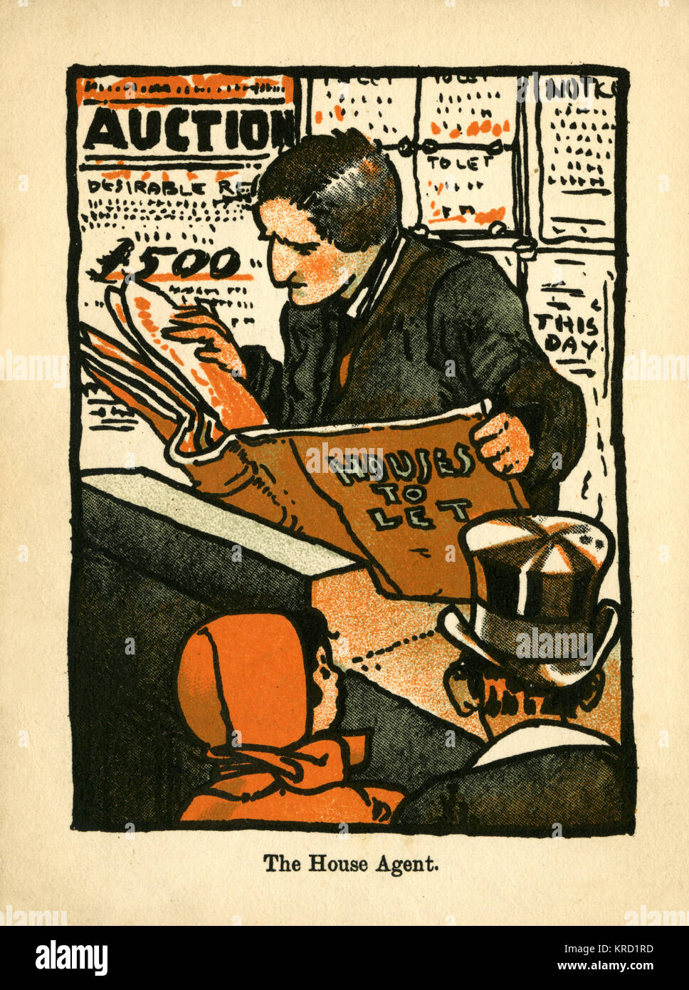 La casa dell'agente. Un agente immobiliare guarda attraverso una grande ledger che dettaglia Casa in affitto. Data: 1902 Foto Stock