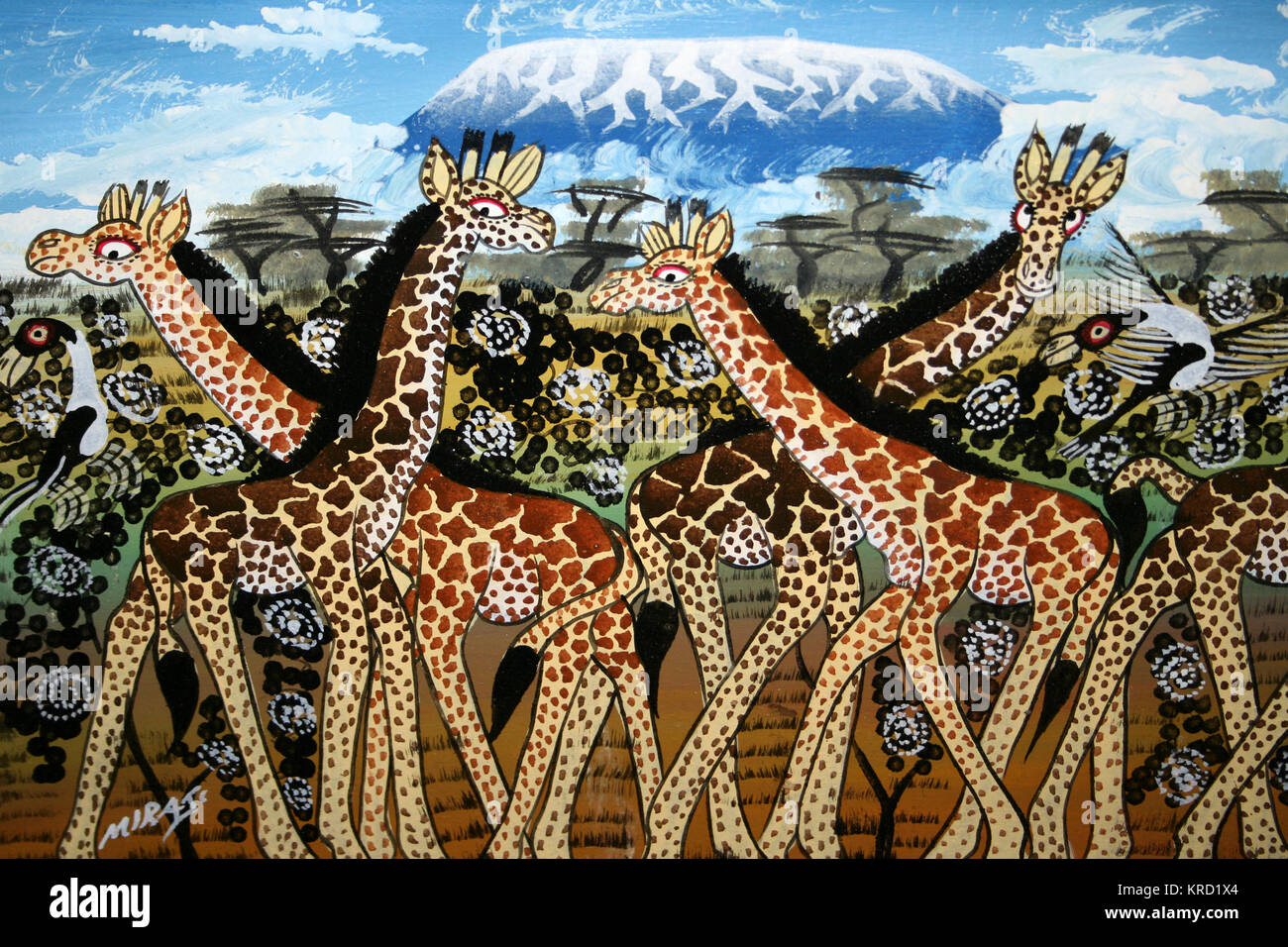 Tradizionale tanzaniano Tinga Tinga di verniciatura di un branco di giraffe Foto Stock