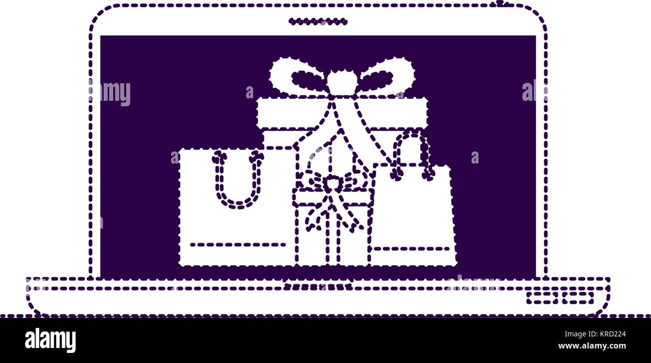Computer portatile vista frontale con confezioni regalo e borse per lo shopping nella schermata in viola silhouette punteggiata Illustrazione Vettoriale