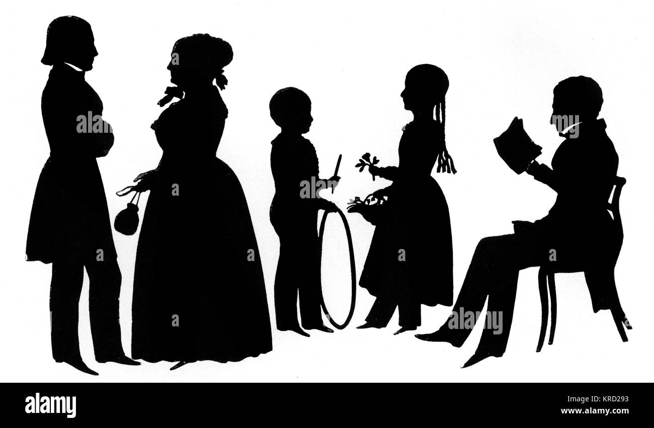 Il Cary famiglia di Boston, Massachussetts, STATI UNITI D'AMERICA in silhouette, tagliata dal famoso artista silhouette Agosto Edouart, che hanno visitato gli Stati Uniti durante il 1840s e il taglio di migliaia di silhouette ritratti durante quel tempo. Data: 1842 Foto Stock