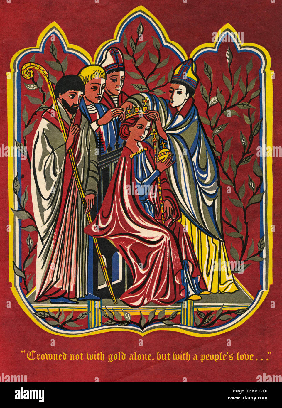 Uno stile medievale illustrazione che mostra una regina di essere coronata da un Arcivescovo, circondato da altri leader religiosi, una impronta stilizzata della cerimonia riprodotta in Everybody's Magazine incoronazione numero dal 1953. Data: 1953 Foto Stock