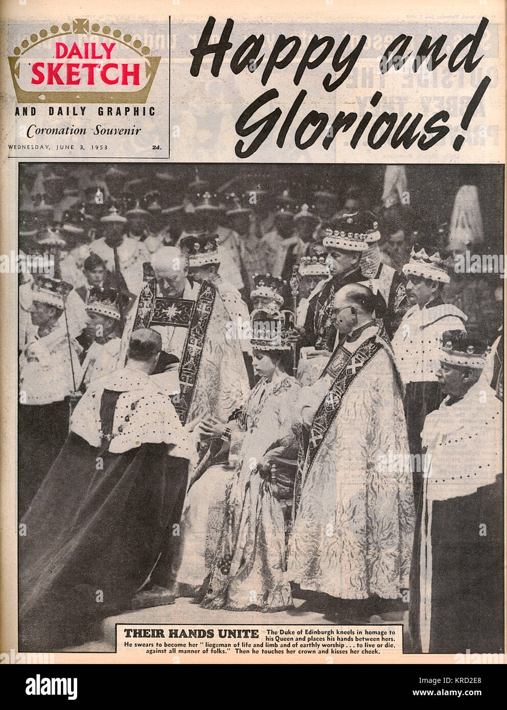 Coperchio anteriore del Daily Sketch magazine dal 3 giugno 1953, il giorno dopo l'incoronazione della Regina Elisabetta II con una fotografia del Duca di Edimburgo in omaggio a sua moglie dopo la cerimonia e la notizia "Happy &AMP; glorioso"! Data: 1953 Foto Stock