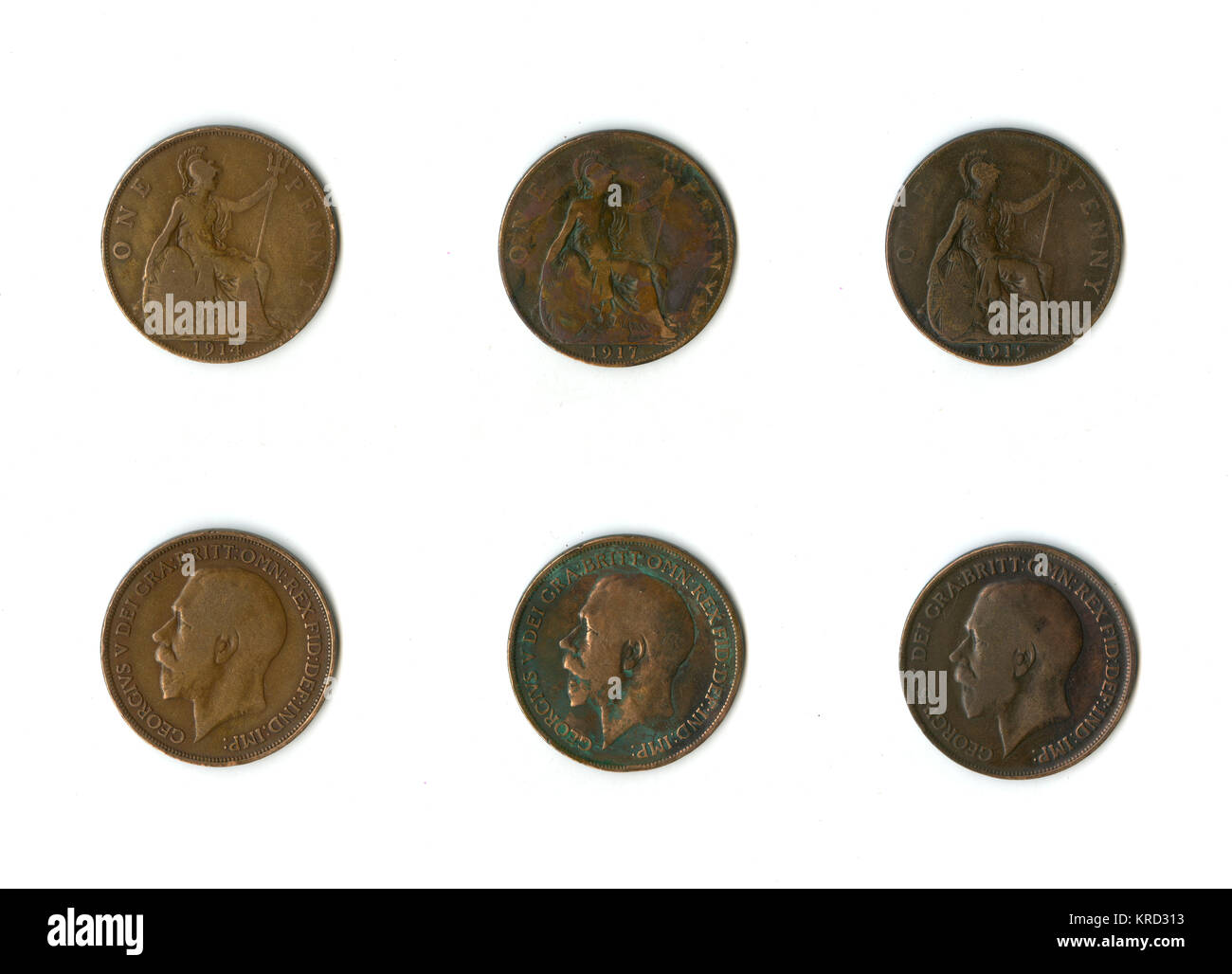 Monete britanniche, tre centesimi di George V. Foto Stock