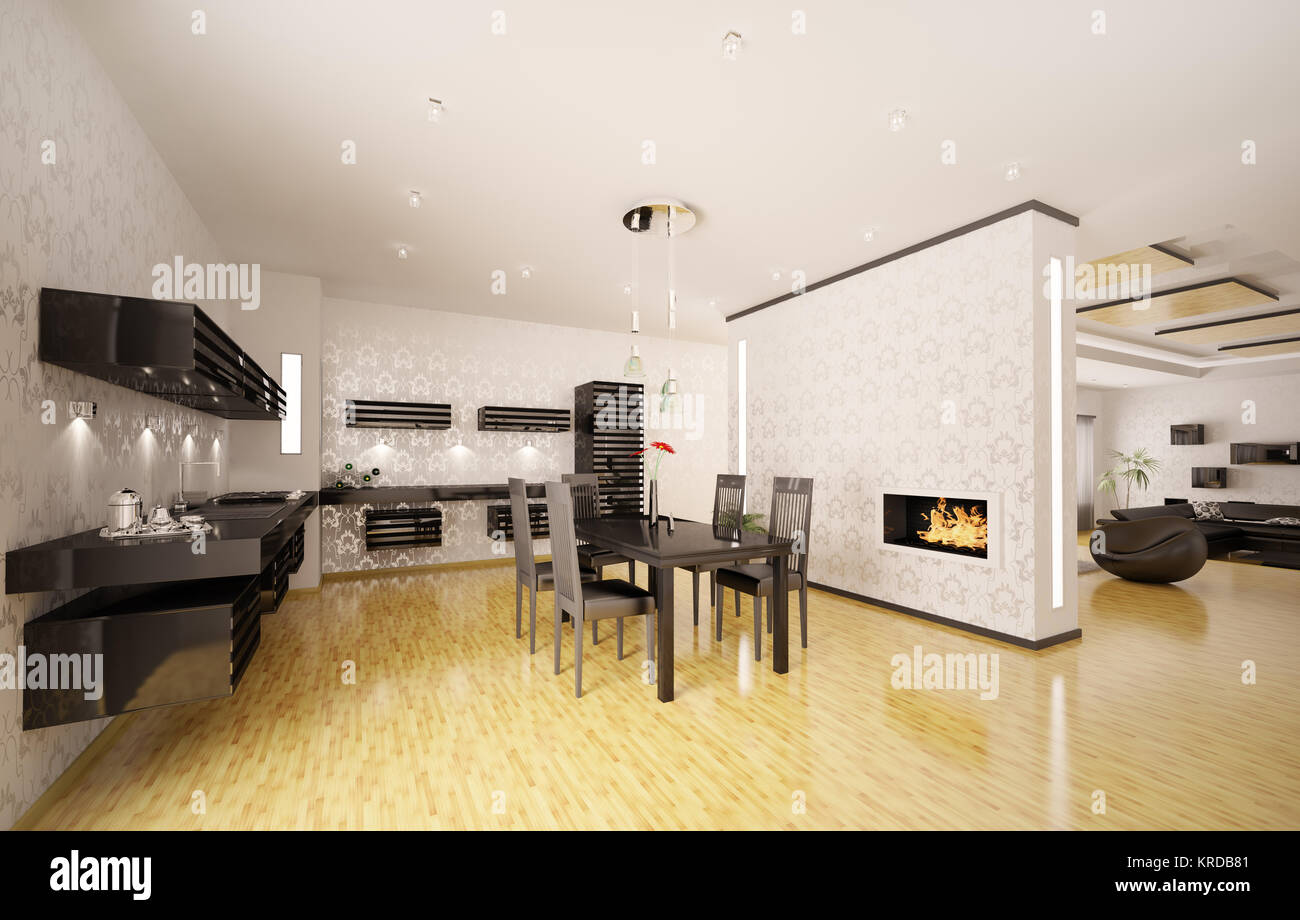 Il design degli interni della moderna cucina con camino 3d render ... Design degli interni
