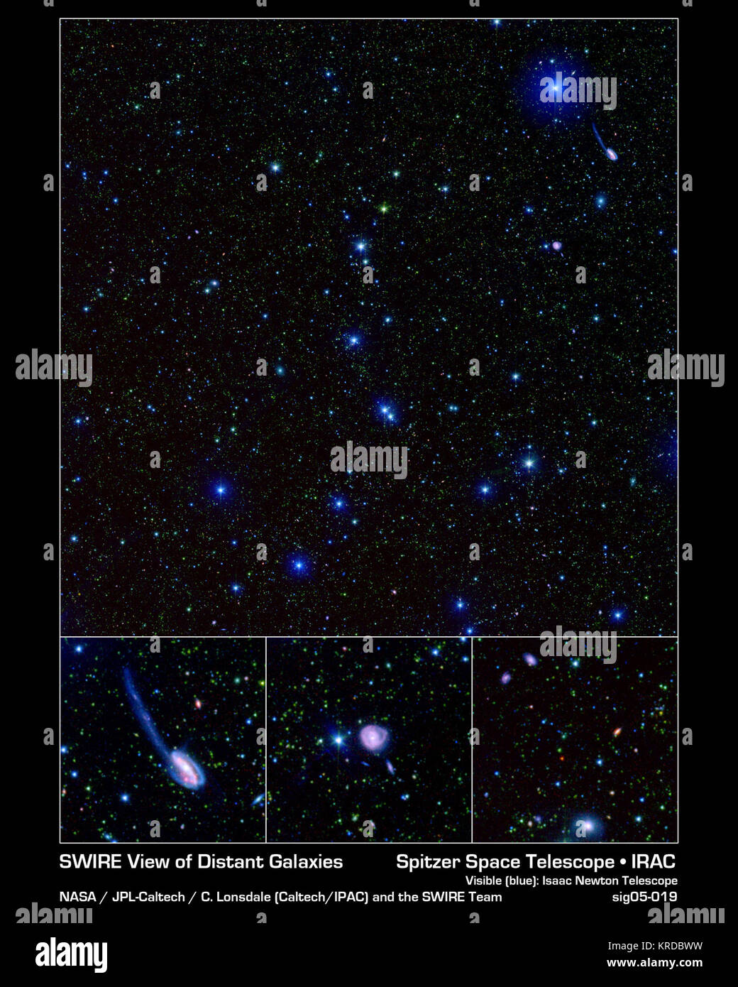 Queste spettacolari immagini prese dal Spitzer wide-area a raggi infrarossi (Extragalattici SWIRE) Legacy Project, incapsulare uno degli obiettivi primari della missione Spitzer: per collegare l'evoluzione delle galassie da lontano, o presto, universo alla vicina o presente giorno, dell'universo. Le foto di grandi dimensioni (top) raffigura un decimo della SWIRE indagine campo chiamato ELAIS-N1. In questa immagine, l'azzurro fonti sono stelle calde nella nostra Via Lattea, che varia in genere da 3 a 60 volte la massa del nostro sole. Il più debole macchie verdi dello scambiatore di calore sono le stelle e le galassie oltre la Via Lattea la cui luce è fare Foto Stock