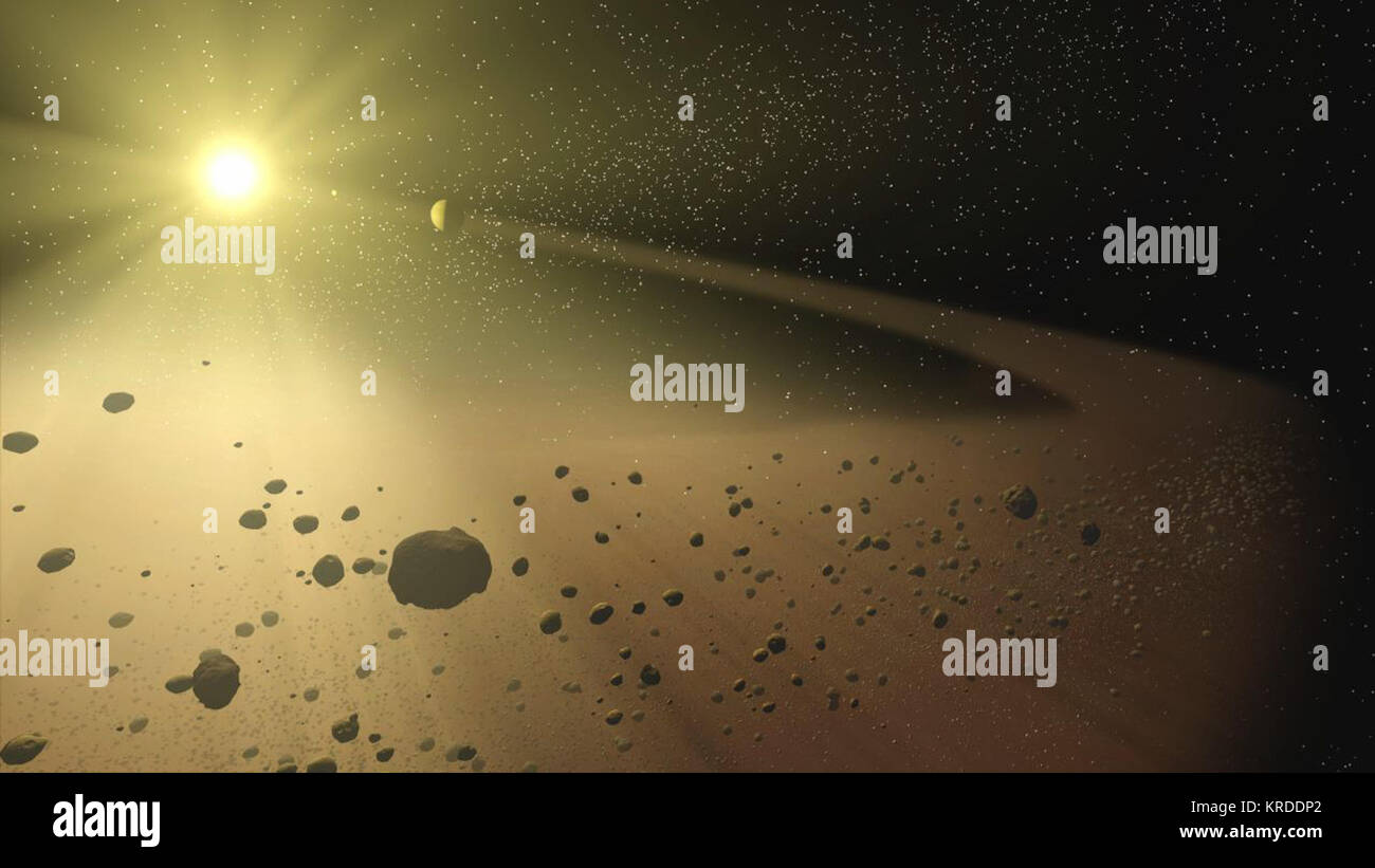 Questo artista del concetto raffigura distante un ipotetico sistema solare, simile a uno scoperto di recente con il telescopio spaziale Spitzer. In questo rendering di artisti, una stretta fascia di asteroidi riempito con pietre e detriti polverosi, orbita intorno ad una stella simile al nostro sole quando essa era di circa 30 milioni di anni (circa il tempo formata di terra). All'interno del nastro un ipotetico pianeta cerchi anche la stella. Utilizzando il Spitzer del calore-cercando gli occhi a infrarossi, gli astronomi hanno scoperto di recente un simile nastro di detriti che circonda una stella lontana. Mentre nessun pianeti sono state rilevate direttamente da Spitzer, narro Foto Stock