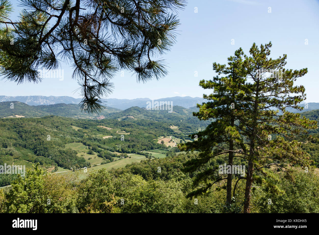 Vista su tutta la Valle del Vipacco da Štanjel, Slovenia Foto Stock