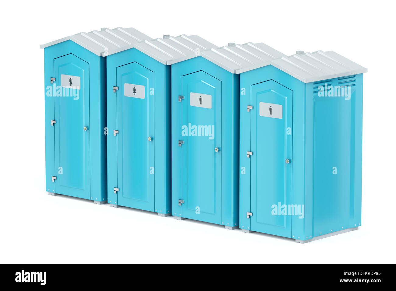 Riga con quattro portatile servizi igienici in plastica su sfondo bianco Foto Stock