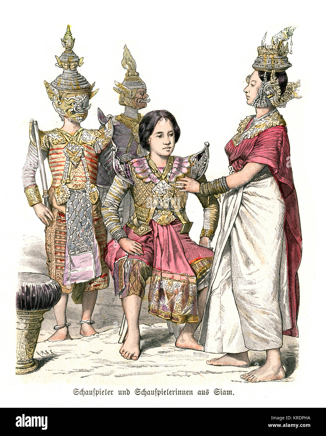 Incisione vintage di costumi tradizionali, attori del Siam. Xix secolo Foto Stock