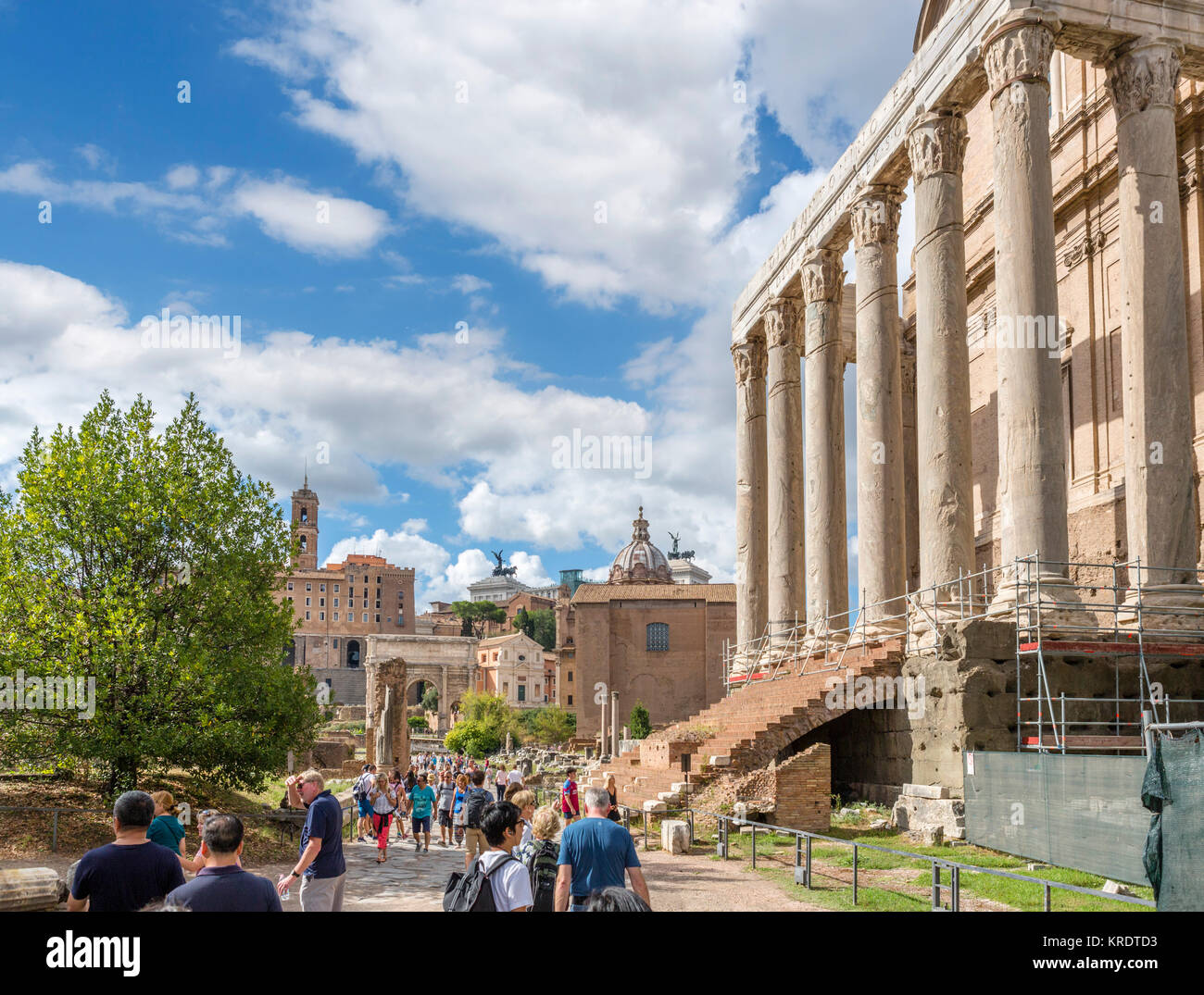 Roma, Forum. La Via Sacra con il Tempio di Antonino e Faustina a destra, Foro Romano, antica Roma, Roma, Italia Foto Stock