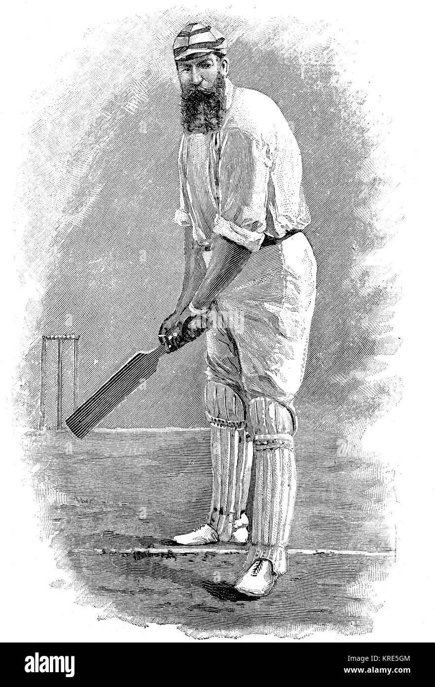 L'uomo durante la corsa, inglese giocatore di cricket, uomo in abiti tipici e atteggiamento di gioco, c. 1870, digital Riproduzione migliorata di una xilografia dall'anno Foto Stock