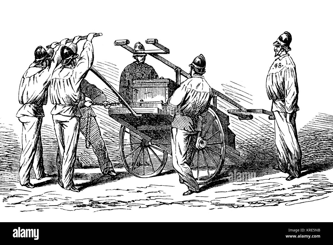 Vigili del fuoco intorno al 1870, lo scarico di una siringa acqua, digitale migliorata la riproduzione di una xilografia a partire dall'anno 1880 Foto Stock