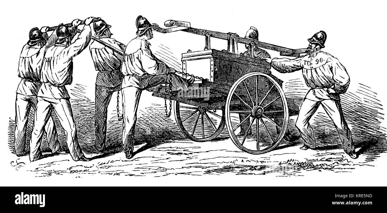 Vigili del fuoco intorno al 1870, carica di una siringa acqua, digitale migliorata la riproduzione di una xilografia a partire dall'anno 1880 Foto Stock