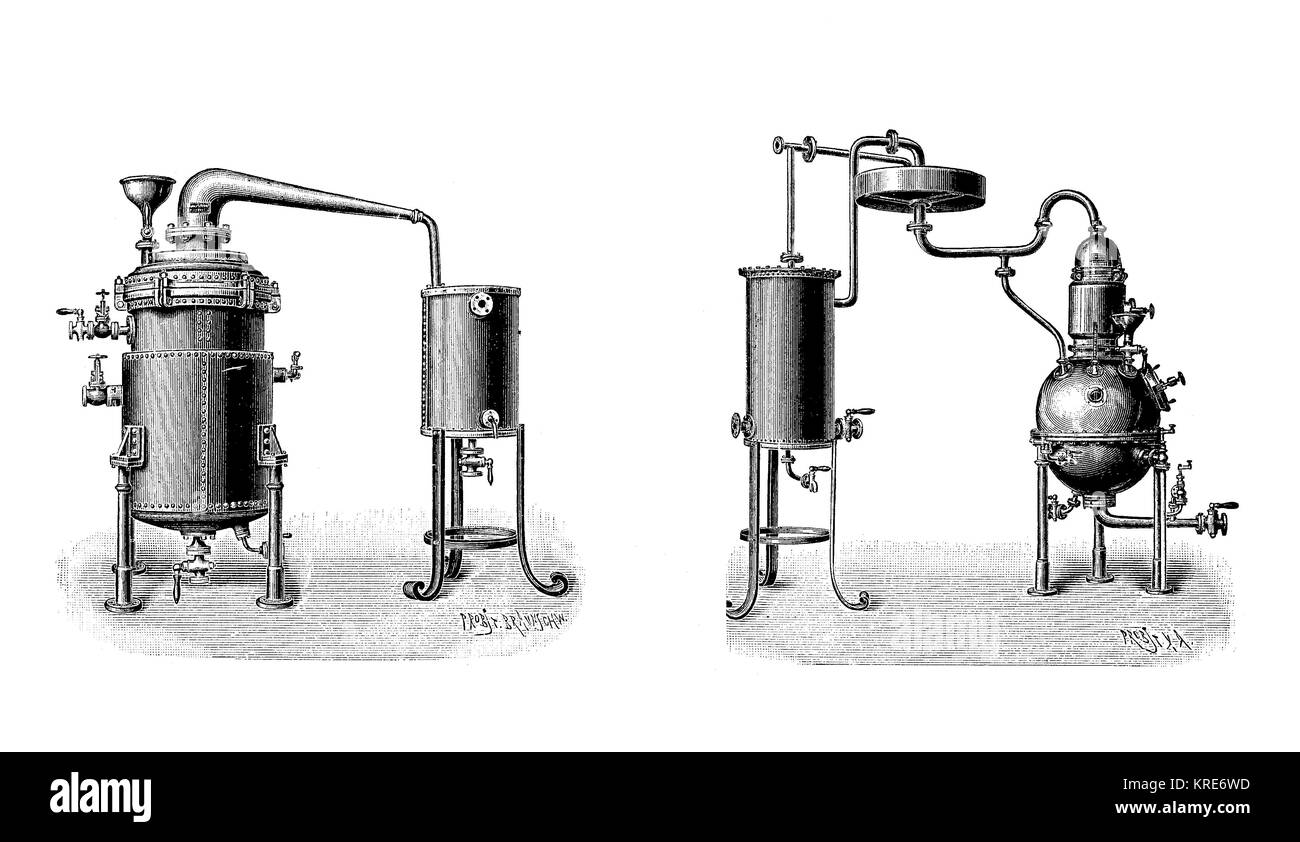 I distillatori, apparecchio per la distillazione F. Hallstroem, Nienburg an der Saale Germania, prodotto industriale a partire dall'anno 1880, digital reproducti migliorata Foto Stock