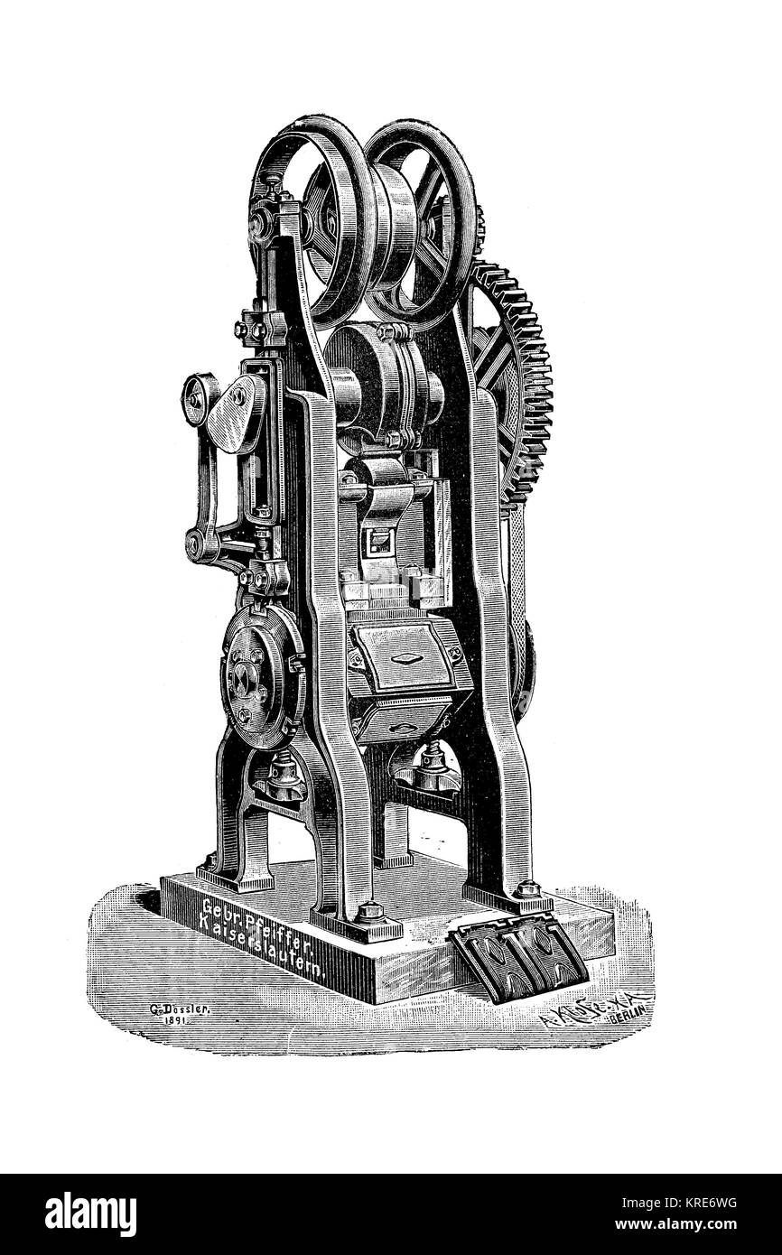 Una piegatura a revolver pressa per piastrelle da Gebr. Pfeiffer, Kaiserslautern, la Germania, la macchina per la produzione di tegole, prodotto industriale dall'anno 1 Foto Stock