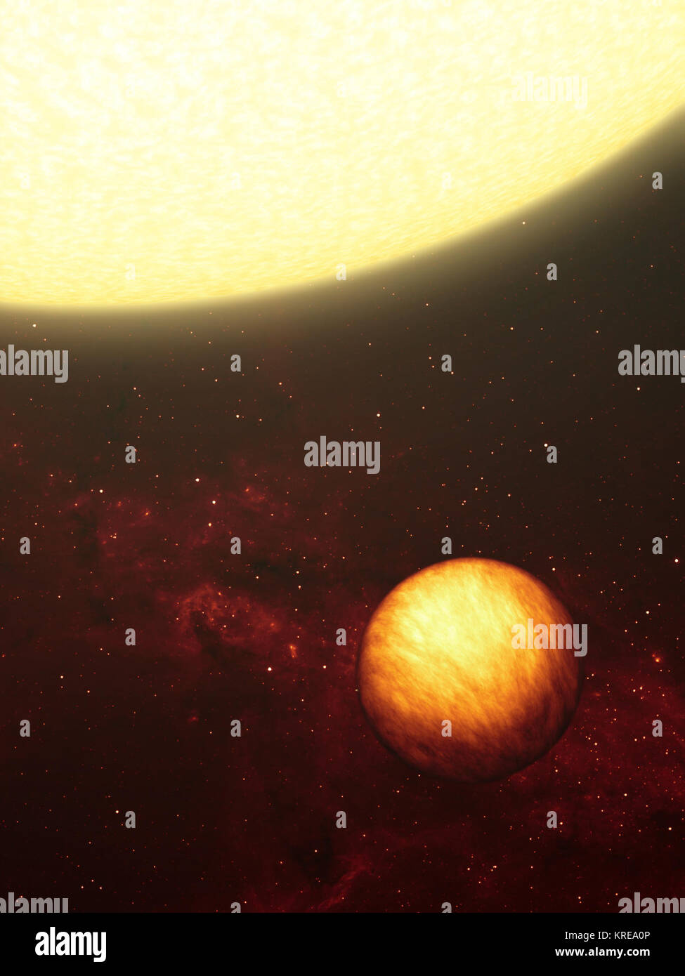 Questo artista del concetto mostra un Giove-come pianeta ammollo fino al cocente raggi del suo vicino a 'ONU.' NASA il telescopio spaziale Spitzer ha utilizzato il suo calore a infrarossi che cercano gli occhi per capire che un gas-pianeta gigante come quello illustrato qui è di due-di fronte, con un lato perennemente in scuro freddo, e l'altro per sempre di vesciche sotto il calore delle sue stelle. L'illustrazione raffigura come il pianeta sembrano occhi a raggi infrarossi, che mostra le variazioni di temperatura in tutta la sua superficie. Il pianeta, chiamato Upsilon Andromedae b, è stato scoperto per la prima volta nel 1996 attorno alla stella Upsilon Andromedae, situato 40 luce-y Foto Stock