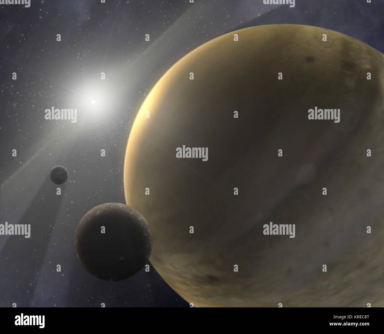 Si tratta di un artista del concetto di un ipotetico di dieci milioni di euro-anno-vecchio sistema a stella. Il luminoso blur al centro è una stella molto come il nostro sole. Le altre orb nell'immagine è un gas-pianeta gigante come Giove. Wisps di bianco in tutta l'immagine rappresentano tracce di gas. Gli astronomi utilizzando NASA il telescopio spaziale Spitzer hanno trovato prove che dimostrino che il gas-pianeti giganti o forma entro i primi dieci milioni di anni di sun-come star della vita o non a tutti. La durata per stelle simili al sole è di circa dieci miliardi di anni. Gli scienziati sono giunti a questa conclusione dopo la ricerca di tracce di gas intorno 15 differiscono Foto Stock