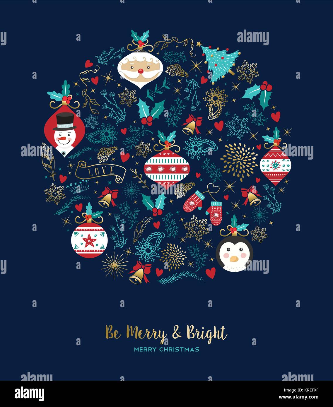 Buon Natale cartoon biglietto di auguri con il colore oro xmas decorazioni e ornamenti per le vacanze. Include santa claus, snowman, pinguino. EPS10 vettore. Illustrazione Vettoriale