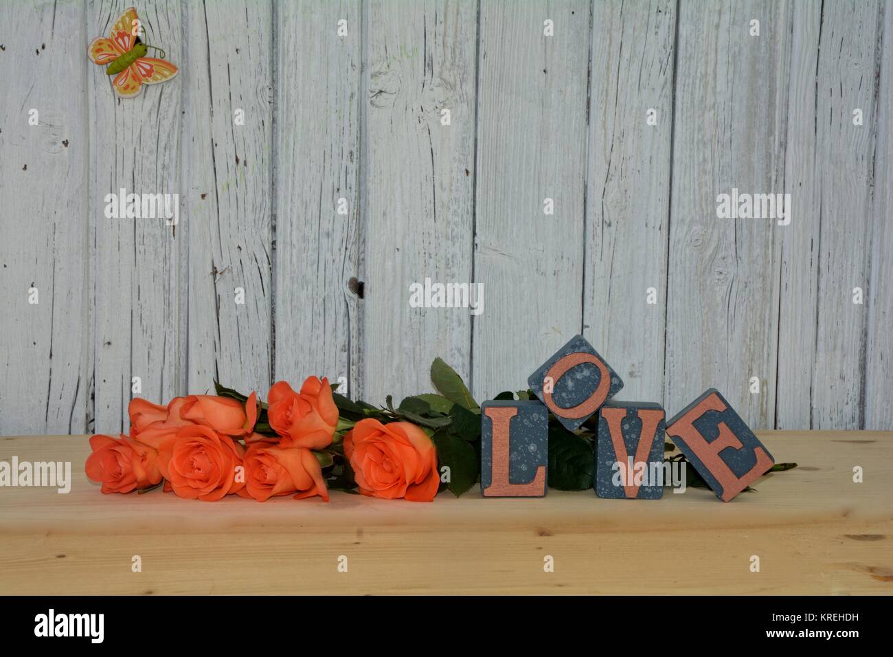 Blocchi con la parola amore e rose arancione nella parte anteriore della parete in legno Foto Stock