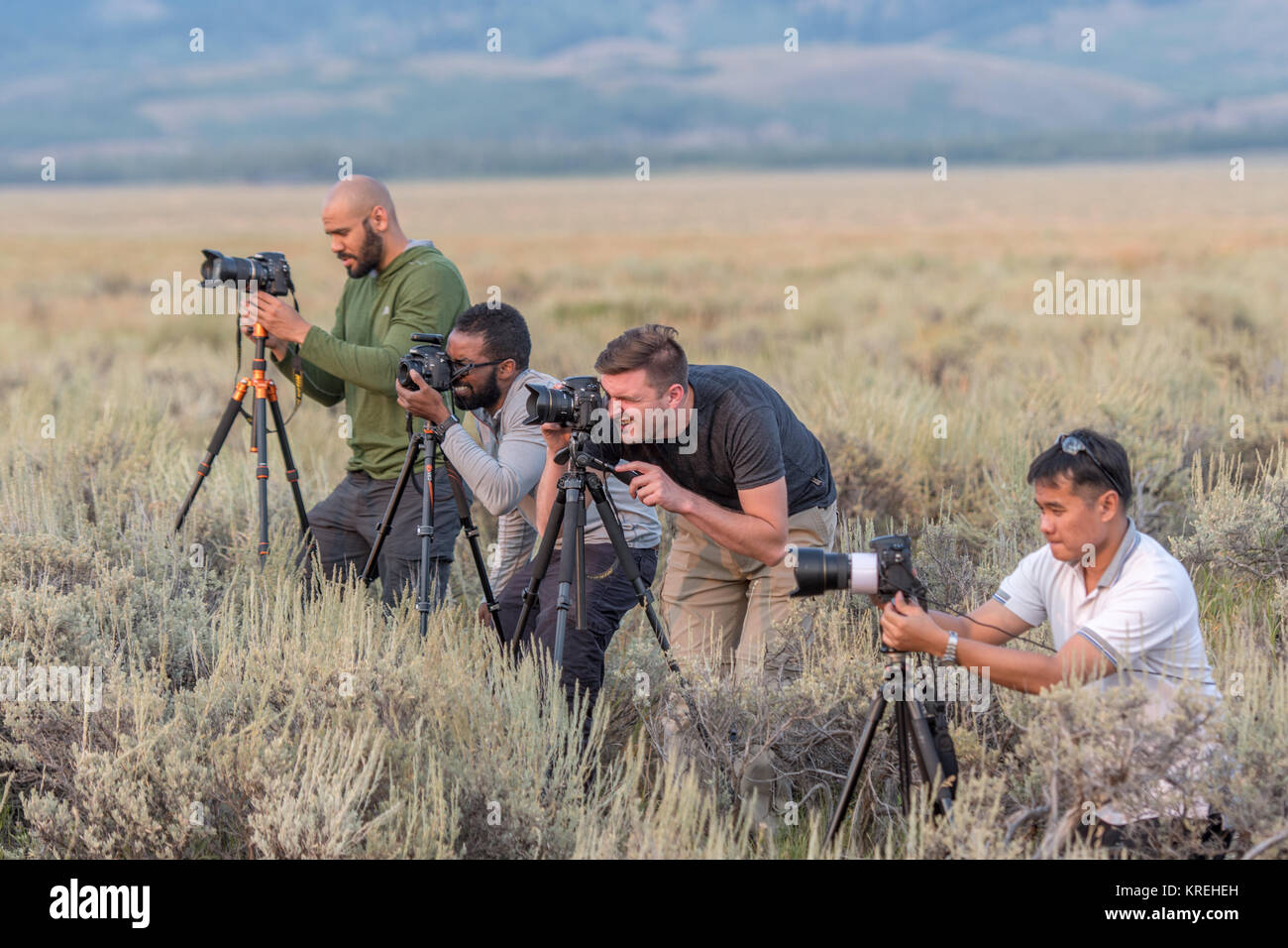 Un gruppo di giovani fotografi maschio impostare le loro fotocamere digitali, Grand Tetons National Park, Teton County, Wyoming Foto Stock