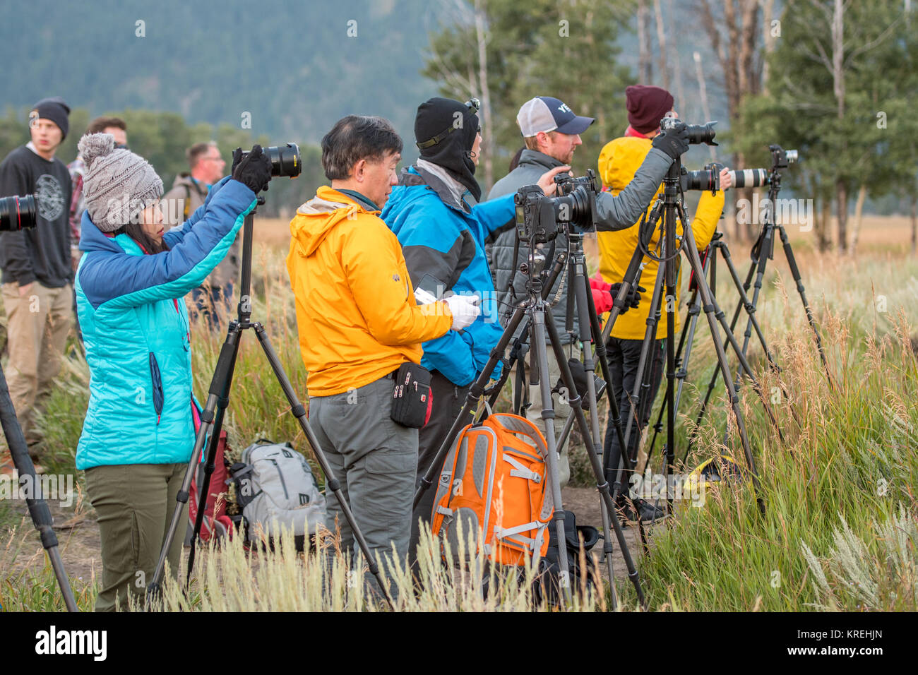 Gruppo di fotografi impostare le loro fotocamere digitali, Grand Tetons National Park, Teton County, Wyoming Foto Stock