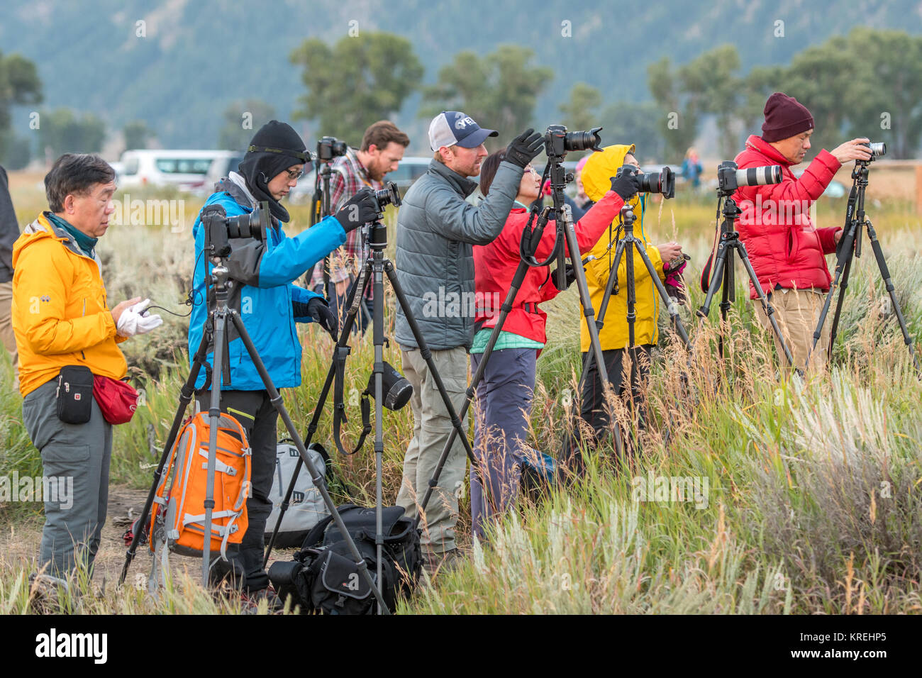Gruppo di fotografi impostare le loro fotocamere digitali, Grand Tetons National Park, Teton County, Wyoming Foto Stock