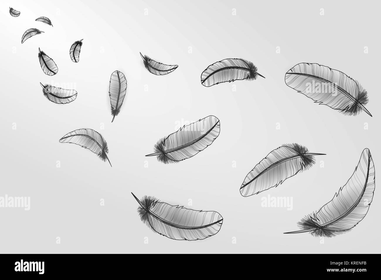 Realistico bianco grigio sketch linea di piume di cigno neon bird.La caduta di vento luce volanti composizione astratta illustrazione vettoriale Illustrazione Vettoriale