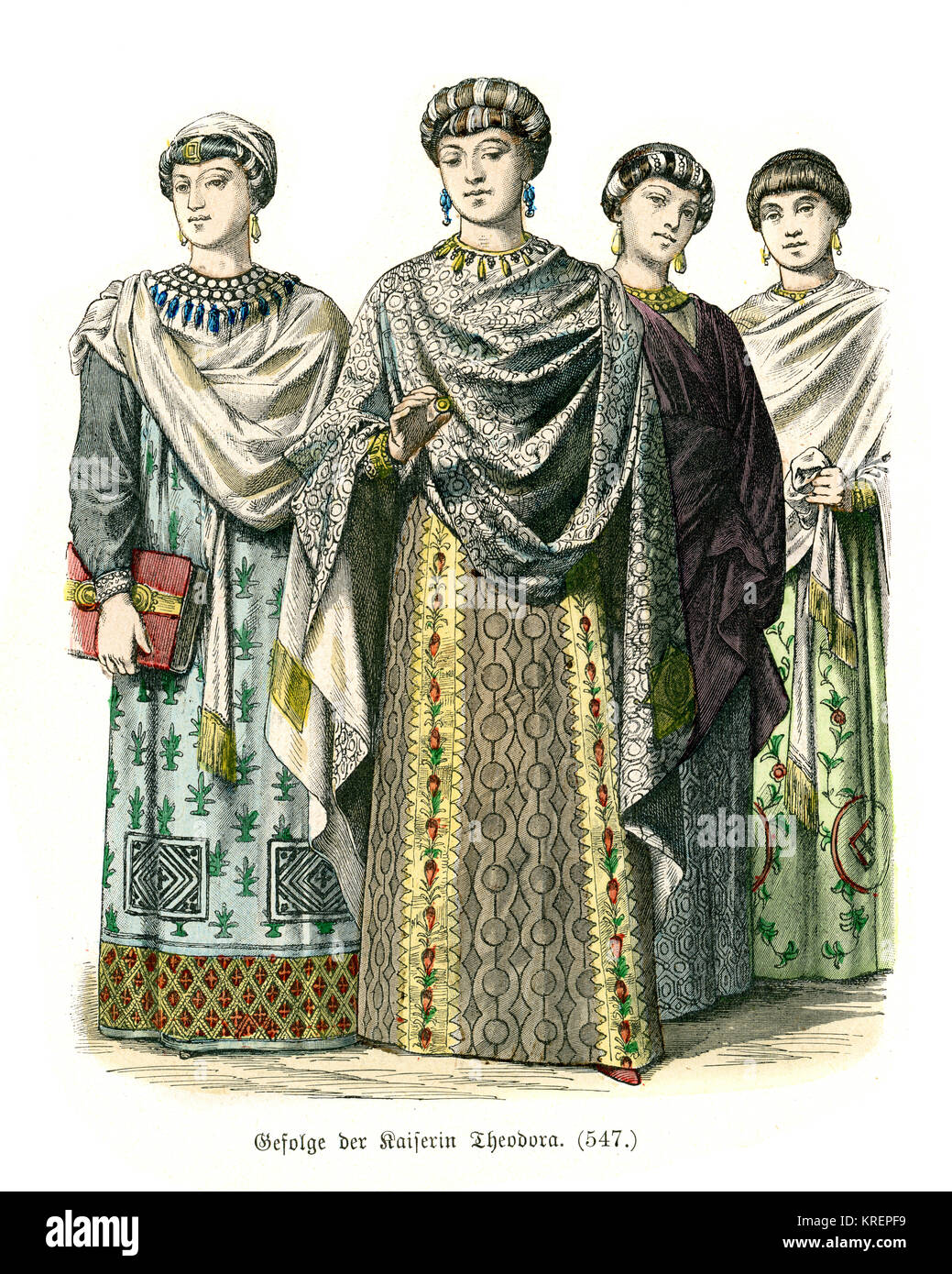 Vintage incisione di mode dell'impero bizantino del VI secolo. Corteo di The Empress Theodora Foto Stock