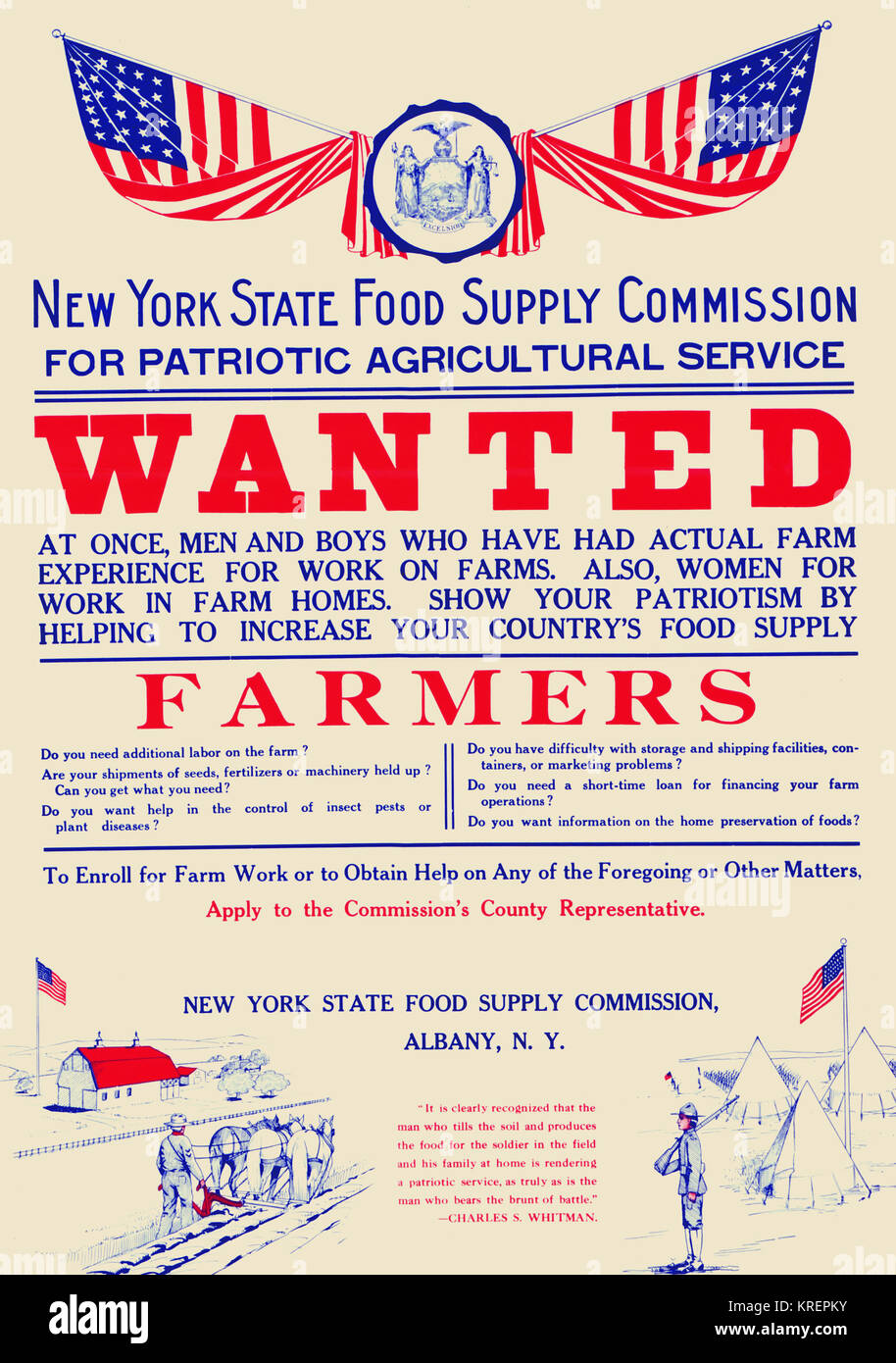 'Poster mostrando piccole scene di aratura e un accampamento militare, con ampie di testo per sollecitare i lavoratori agricoli e di offrire assistenza agli agricoltori. ''Per la patriottica servizio agricolo--volevano in una volta, gli uomini e i ragazzi che hanno avuto effettiva esperienza di fattoria [...] '' da Whitman, Charles S., 1868-1947". Foto Stock
