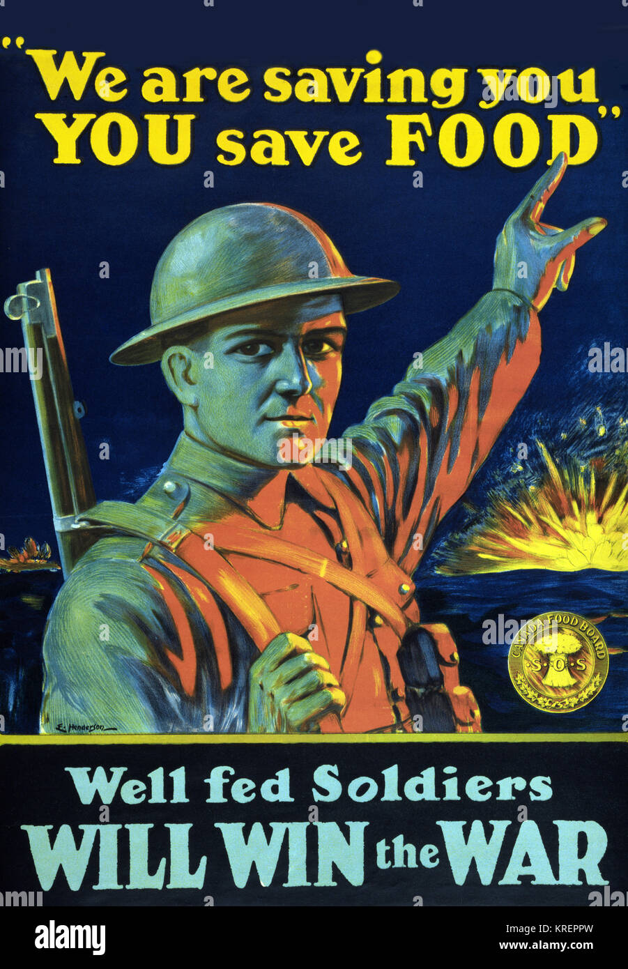 Poster mostra un soldato rivolta in aria con le esplosioni in background. Il testo continua: ben nutriti soldati sarà vincere la guerra. Foto Stock