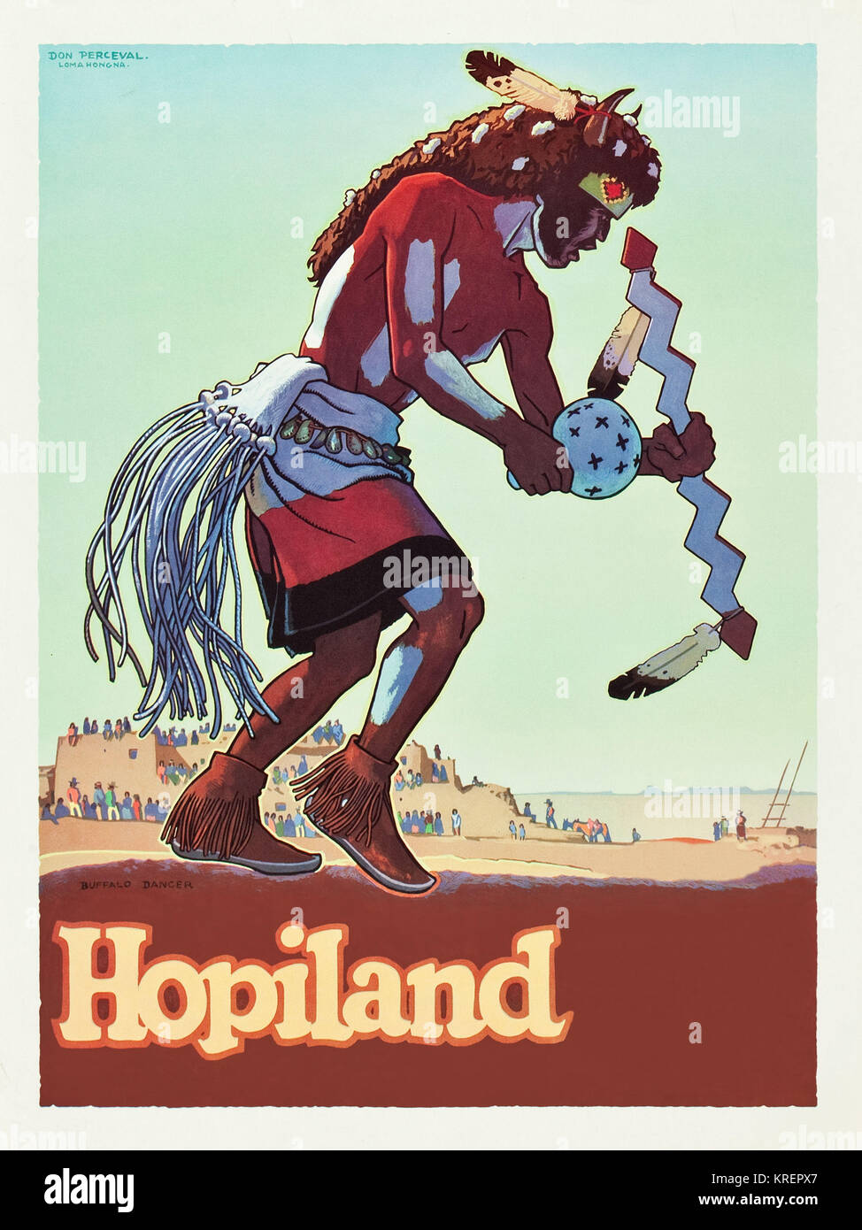 "Taos, Nuovo Messico-basato Don Perceval, raffigurato un bufalo Hopiland ballerina eseguendo un rito cerimoniale contro un adobe sfondo con riempimento in 1949 per un viaggio in treno poster." Foto Stock