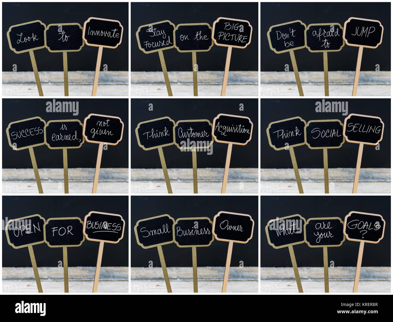 Photo collage delle varie business messaggi scritti su mini etichette di Blackboard Foto Stock