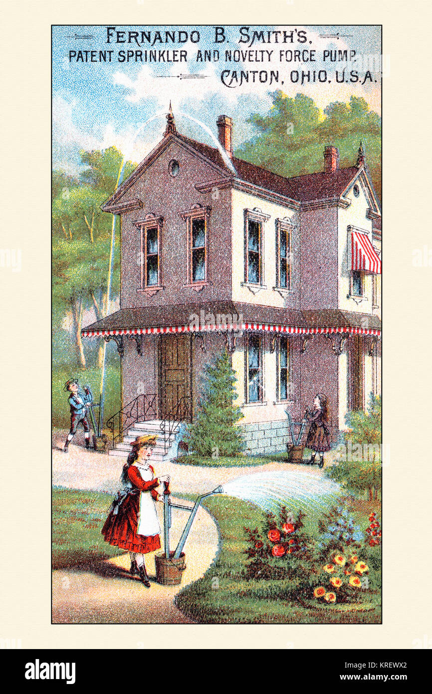 'Victorian scheda commerciale per Fernando B. Smith per il rilascio di brevetti e di sprinkler Novità pompa forza. Tre bambini di utilizzare la pompa per irrigare il giardino, il lavaggio delle finestre e la spruzzatura del tetto.' Foto Stock
