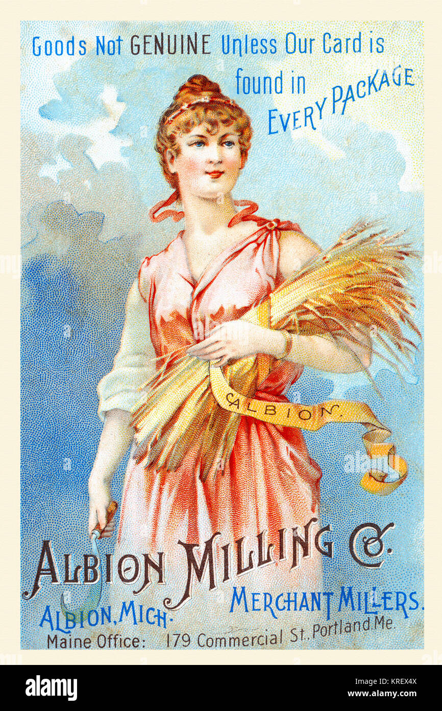 'Victorian scheda commerciale per l'Albion società di fresatura da Albion, Michigan. ''Merci non autentico se la nostra scheda è presente in ogni confezione.'' una donna tiene un pula di grano". Foto Stock