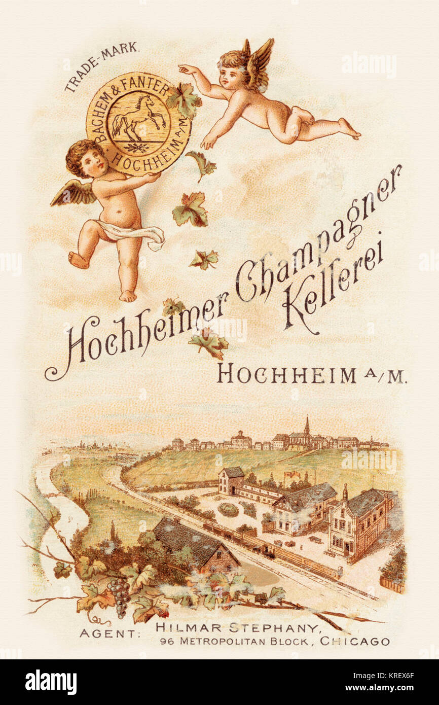 'Victorian scheda commerciale per un tedesco champagne società prodotto venduto dal suo agente Chicago, Stati Uniti d'America. La carta mostra la fabbrica, il suo marchio di fabbrica, e l'uva con putti.". Foto Stock