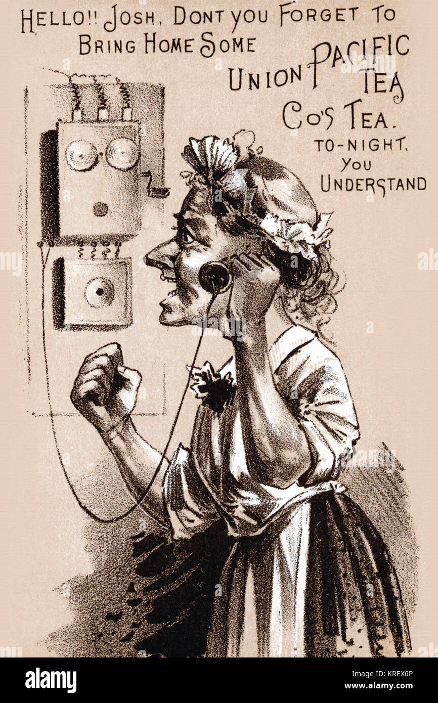 'Victorian scheda commerciale di Union Pacific tè società. Una donna parla al telefono e dice "Ciao!!! Josh, non ti dimenticare di portare a casa qualche Union Pacific co's Tea a notte ti capisco.'" Foto Stock