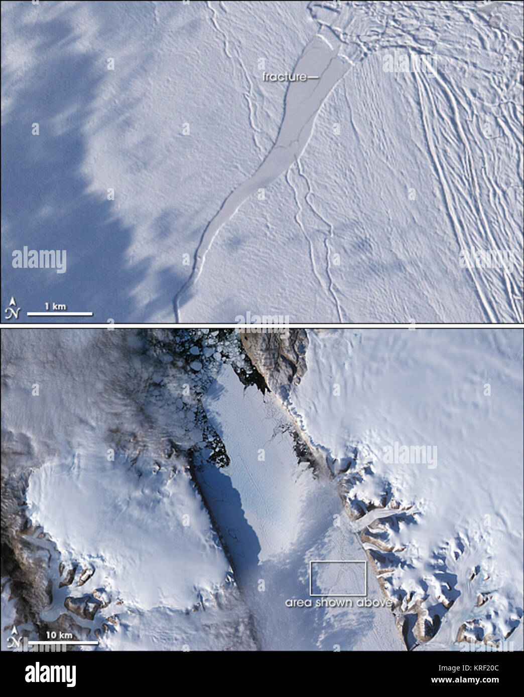 La NASA immagine acquisita il 7 settembre 2008. La NASA immagine rilasciata il 12 settembre 2008. Copre circa 1.295 chilometri quadrati (500 miglia quadrate) lungo la costa nordoccidentale della Groenlandia, Petermann Glacier flottante della lingua di ghiaccio è l'Emisfero Settentrionale la più grande e che ha di tanto in tanto hanno partorito grandi iceberg. Tra il 2000 e il 2001, il ghiacciaio ha perso quasi 87 chilometri quadrati (34 miglia quadrate). Tra il 10 luglio e 24 luglio 2008, il ghiacciaio ha perso un altro 29 chilometri quadrati (11 miglia quadrate). Ricercatori presso il Byrd Polar Research Center in Ohio State University hanno tuttavia espresso la preoccupazione maggiore Foto Stock