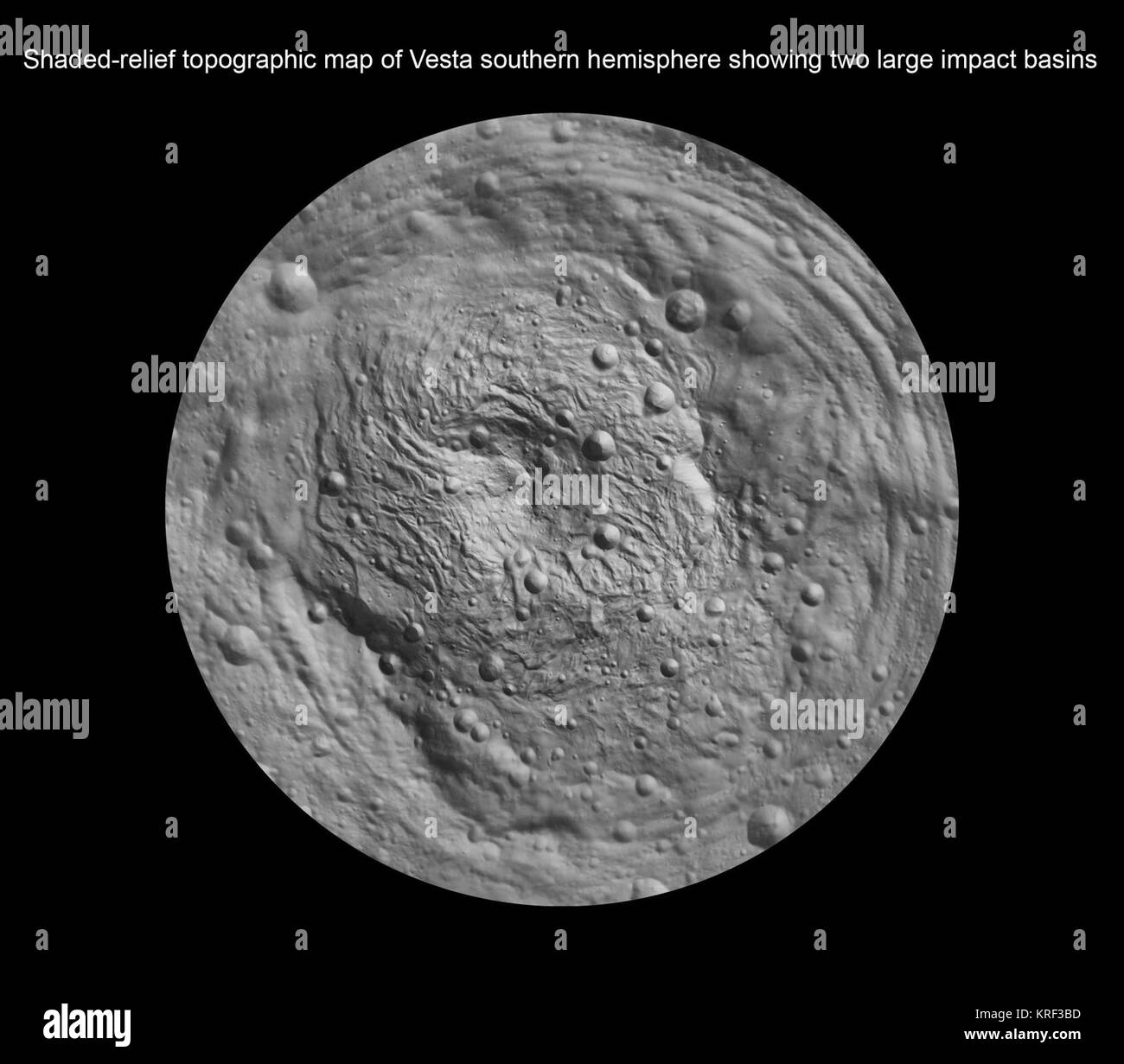 Ombreggiato a rilievo mappa topografica di Vesta emisfero sud immagine della NASA Dawn navicella spaziale Foto Stock