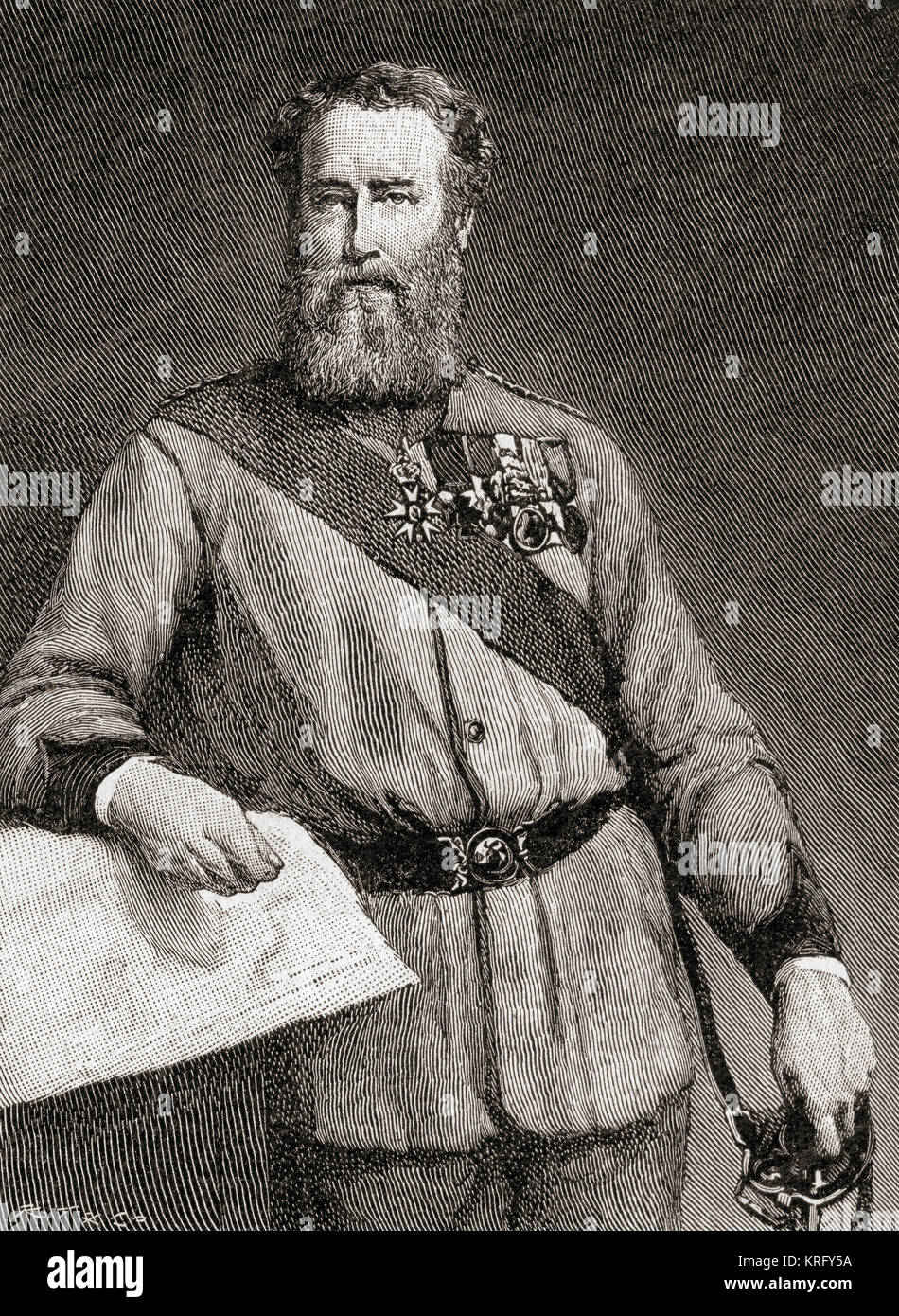 Il brigadiere generale Robert James Loyd-Lindsay, primo Baron Wantage, 1832 - 1901. Soldato britannico, politico, filantropo e benefattore a Wantage, e uno dei fondatori della società britannica per un aiuto ai malati e feriti in guerra (più tardi la Croce Rossa britannica della società). Visto qui di età compresa tra i 50. Da The Strand Magazine, pubblicato da gennaio a giugno 1894. Foto Stock