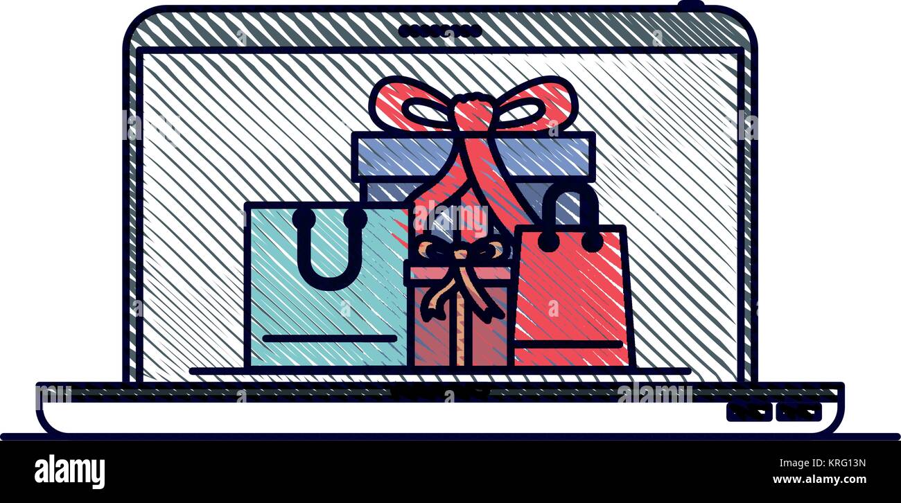 Computer portatile vista frontale con confezioni regalo e borse per lo shopping nella schermata in matita colorata silhouette Illustrazione Vettoriale