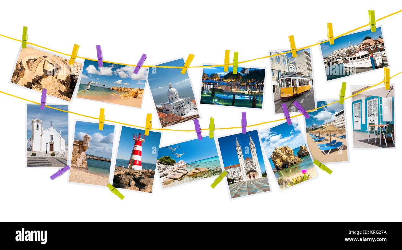 Foto di viaggi dal Portogallo appendere su pioli colorati su sfondo bianco Foto Stock