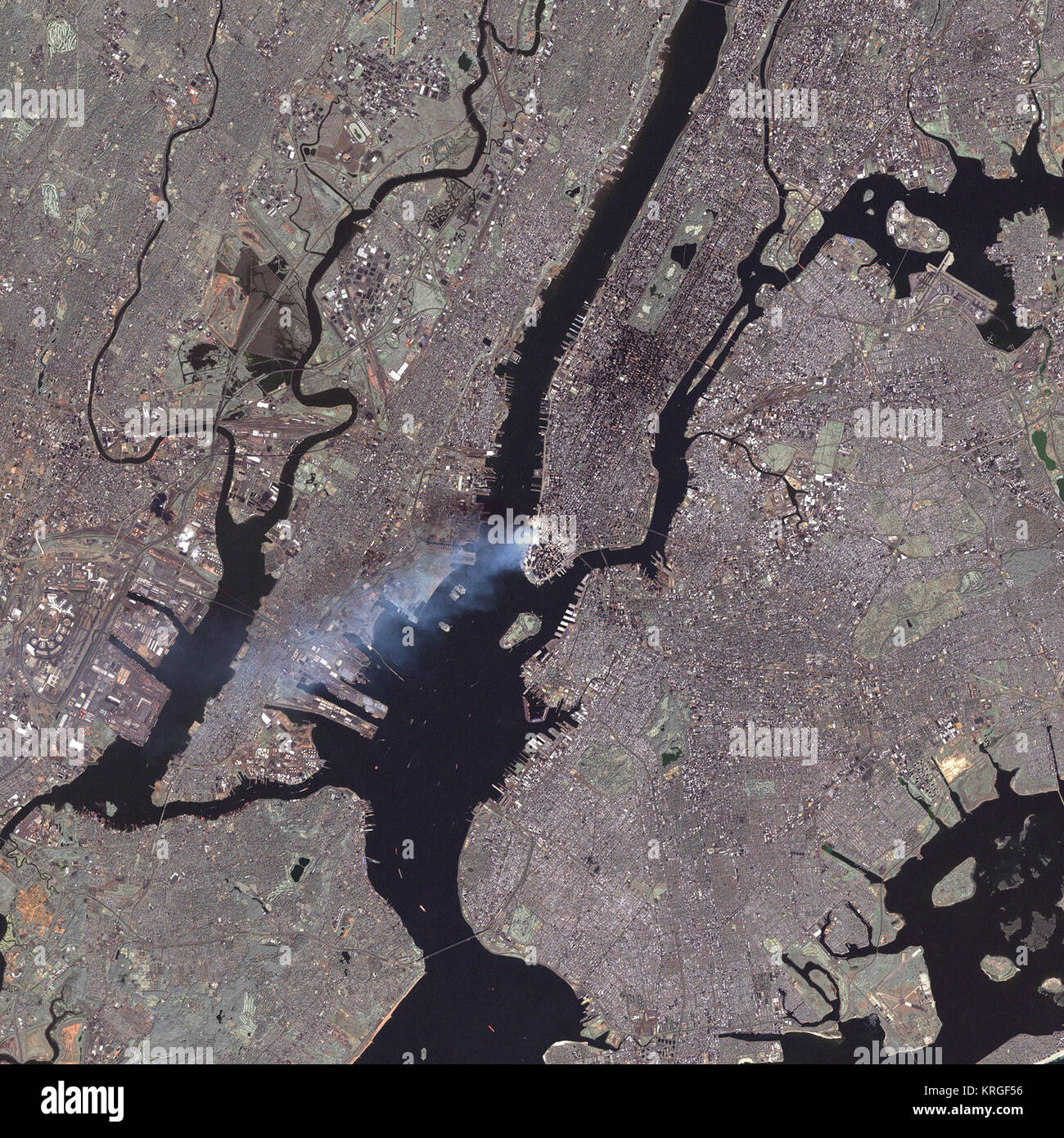 Immagine satellitare della scia del World Trade Center di attacco Foto Stock